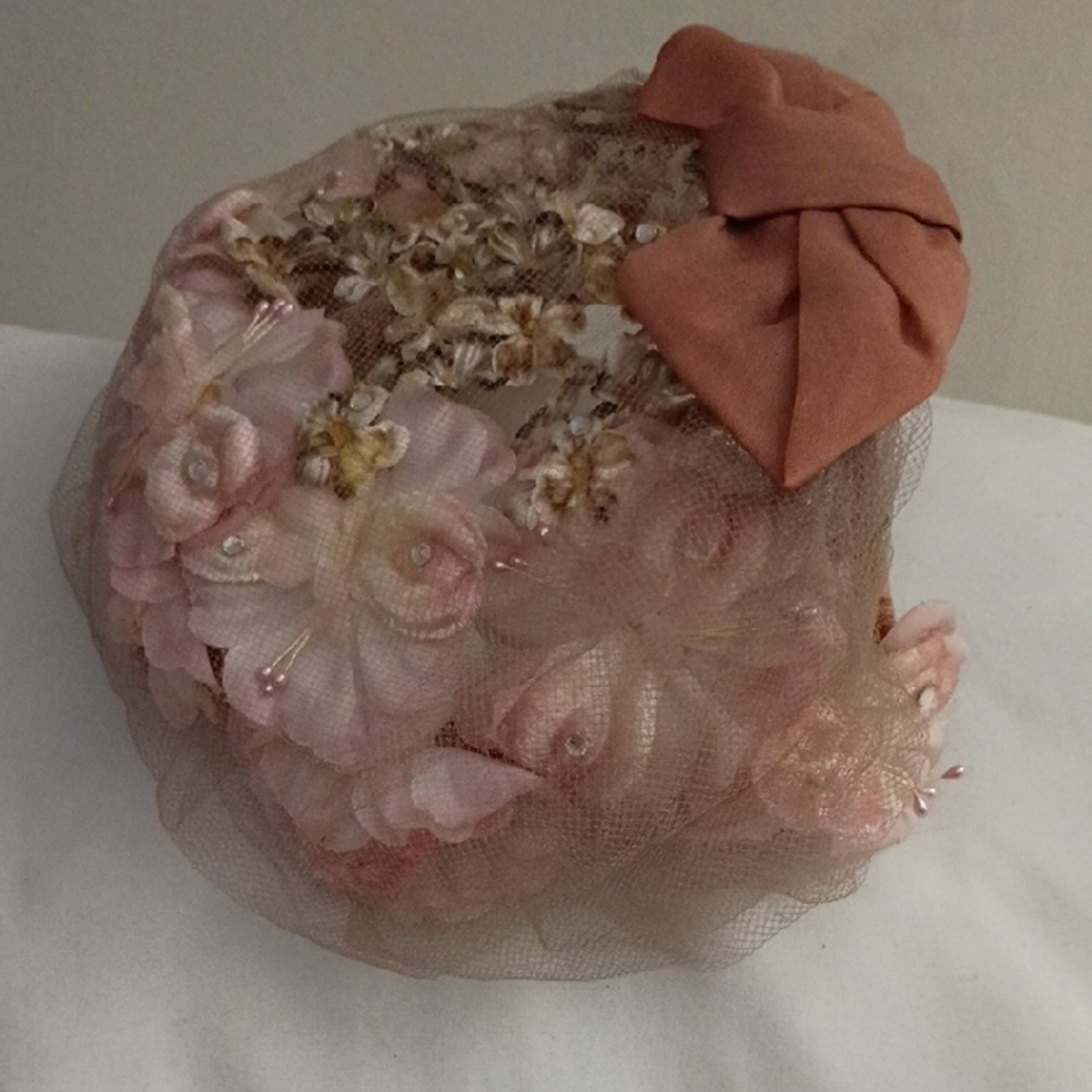Vtg Pillbox Hat with Bow, Pink Veil In Tulle, Velvet Ribbon, Flowers